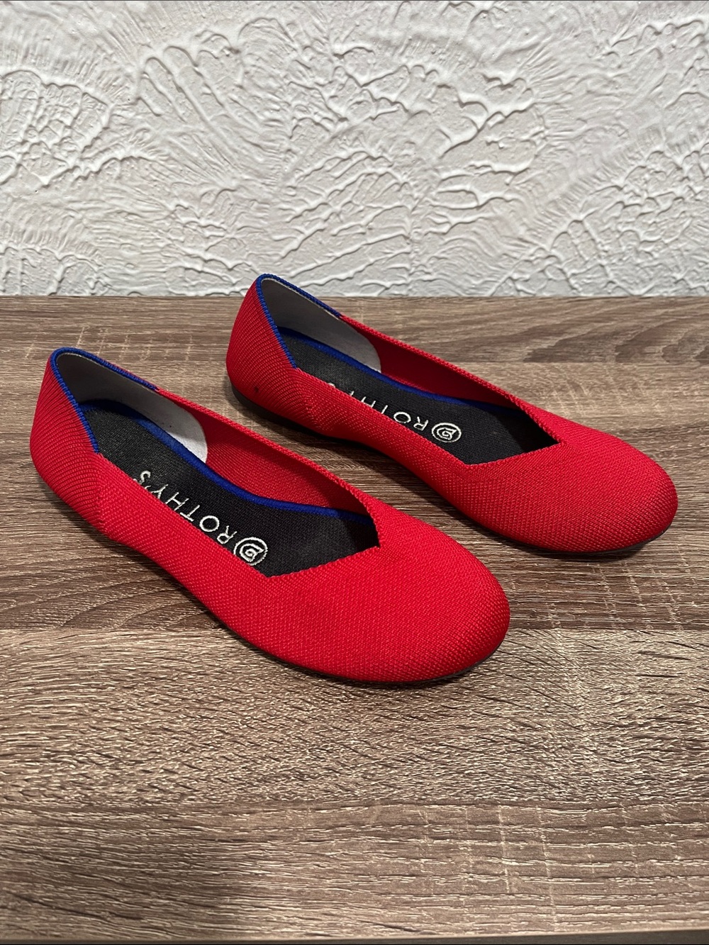 Rothy's Red Knit Slip-On Flats with Blue Trim - Picture 2 of 4